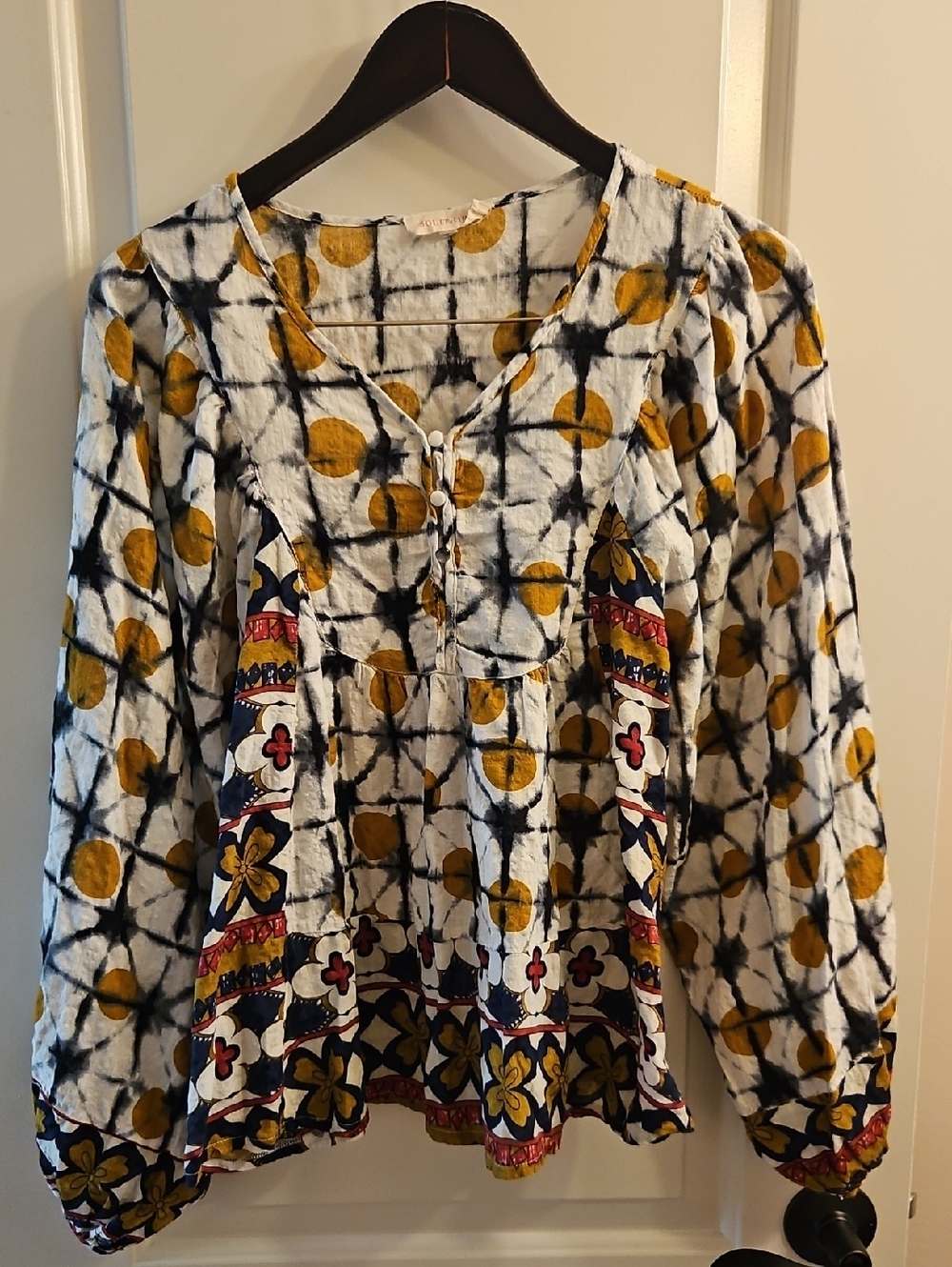 Solitare Hand Dyed Patchwork Balloon Sleeve Top, L, Boho, Artisan, Coastal - Picture 3 of 10